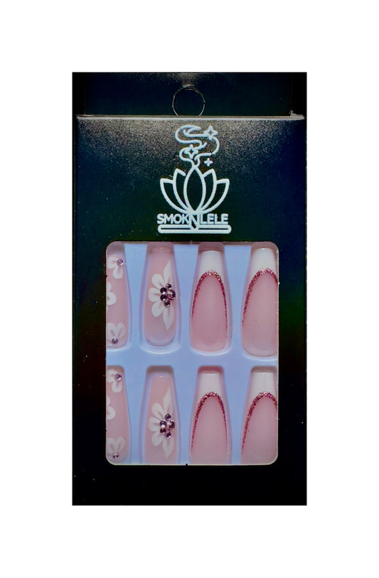 Press on Nails Long Coffin Fake Nails with Flower Designs Pink Glitter Acrylic Nails White Nail Tip