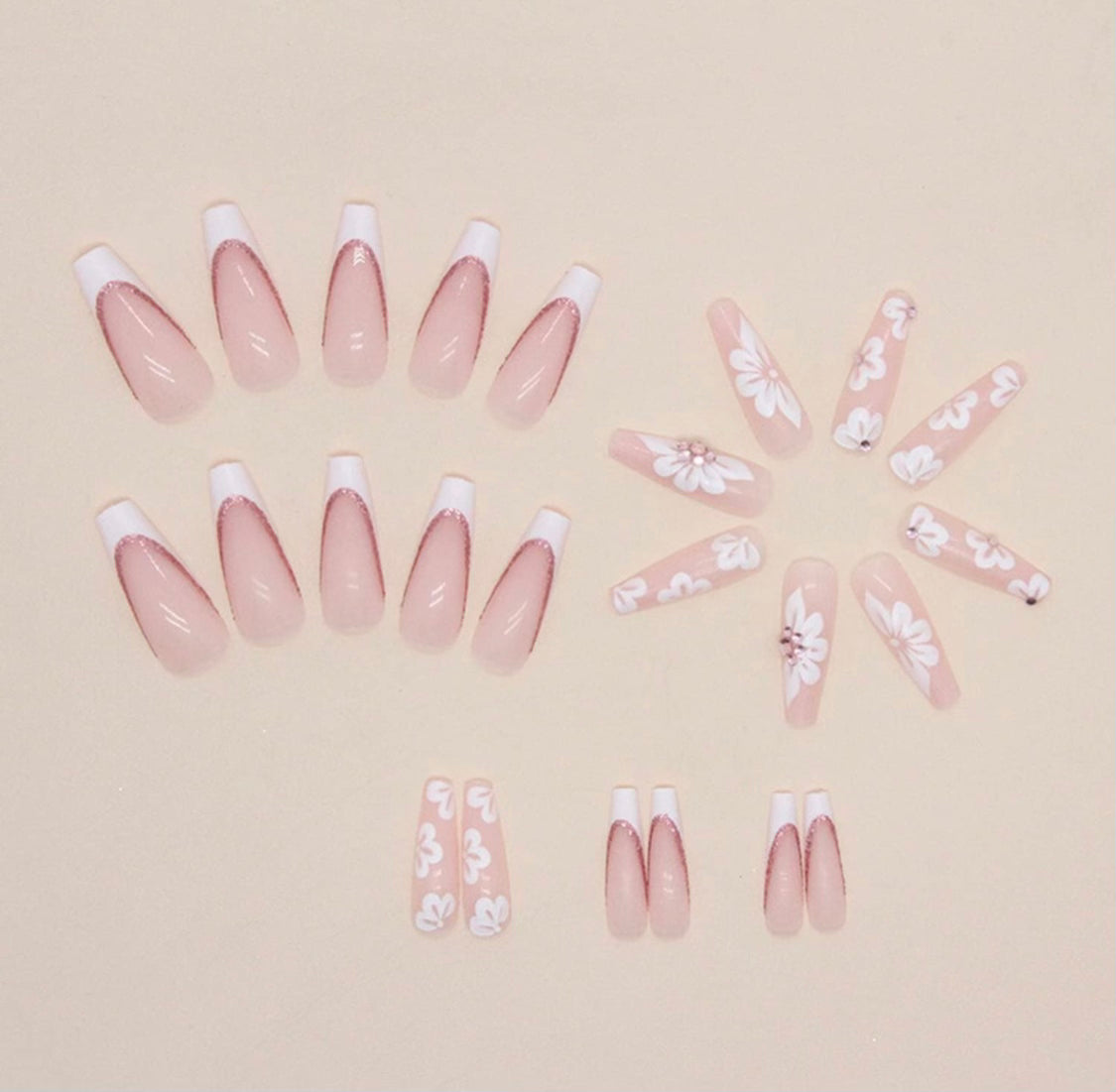 Press on Nails Long Coffin Fake Nails with Flower Designs Pink Glitter Acrylic Nails White Nail Tip