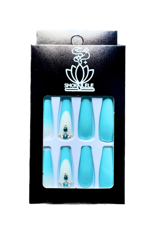 Turquoise/Blue Gradient Press on Nails: Long French, Jewels, Coffin Shape, Glossy, Turquoise/Blue and White color, Artificial Nails, Finger Manicure for Women and Girls, 24pcs