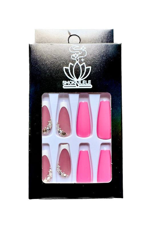 Pink Press on Nails: Long French, Jewels, Coffin Shape, Glossy, Pink and Brown with white Nail Tips, Pink color, Artificial Nails, Finger Manicure for Women and Girls, 24pcs